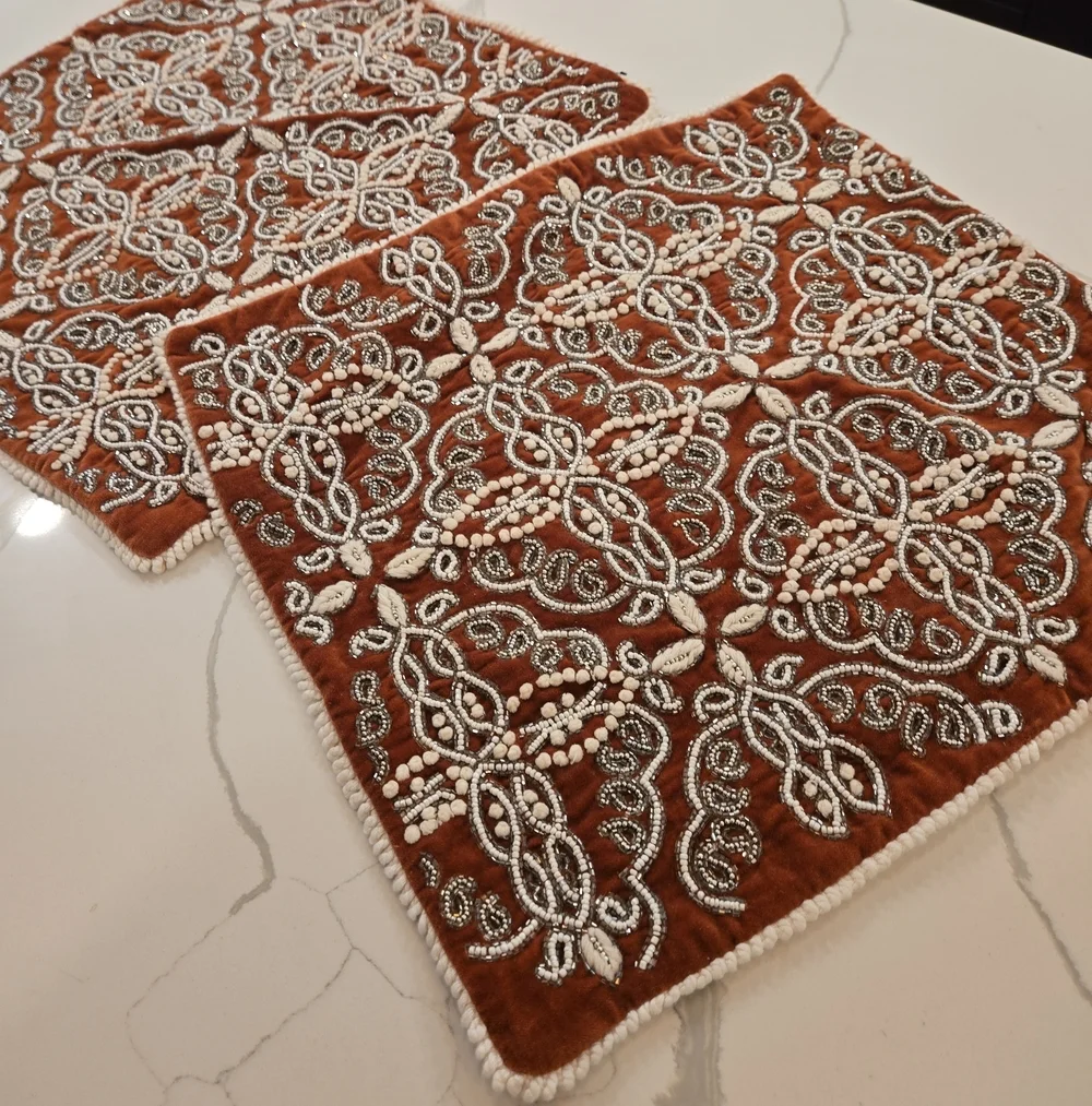 Set Of 2 Artistic Accents Velvet Cotton Embroidered Beaded Throw Pillow Covers
